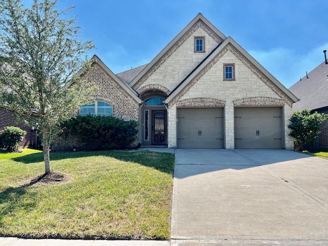 22223 Slate Oaks Ln, Richmond, TX 77469 - french country inspired facade featuring stone siding, concrete driveway, an attached garage, a front yard, and brick siding