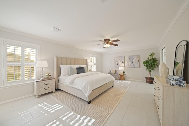 2200 Potomac Dr, Houston, TX 77057 - bedroom featuring ornamental molding, light tile patterned floors, and ceiling fan