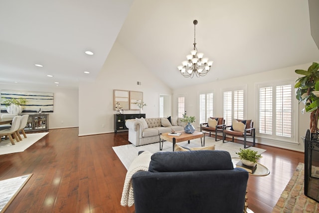 2200 Potomac Dr, Houston, TX 77057 - living area with a chandelier, high vaulted ceiling, hardwood / wood-style floors, and recessed lighting