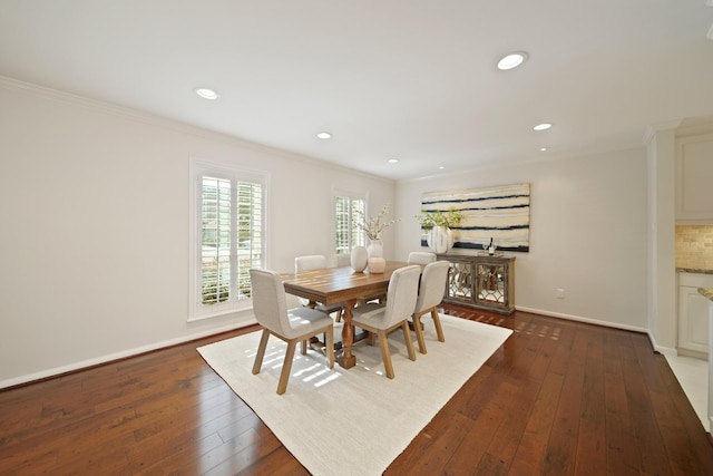 2200 Potomac Dr, Houston, TX 77057 - dining area with crown molding, dark wood-style floors, and recessed lighting
