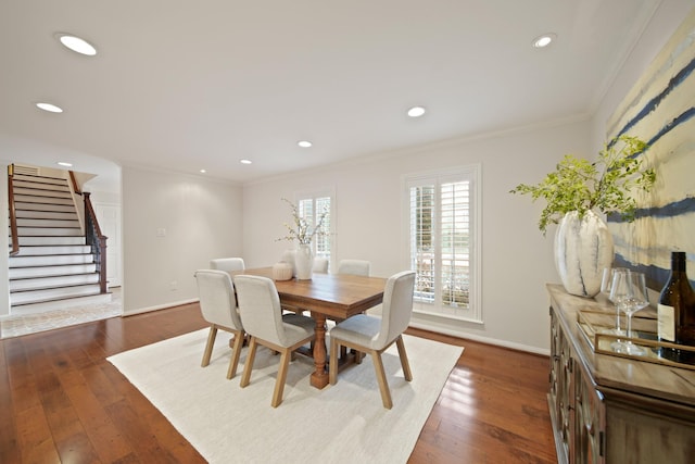 2200 Potomac Dr, Houston, TX 77057 - dining space featuring ornamental molding, stairs, dark wood-style flooring, and recessed lighting