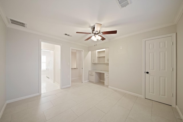 2200 Potomac Dr, Houston, TX 77057 - unfurnished bedroom featuring built in desk, ornamental molding, a ceiling fan, ensuite bath, and light tile patterned floors