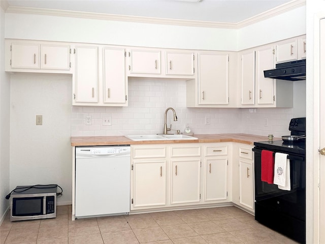 4040 San Felipe St Unit 135, Houston, TX 77027 - kitchen with black range with electric cooktop, white dishwasher, under cabinet range hood, stainless steel microwave, and ornamental molding