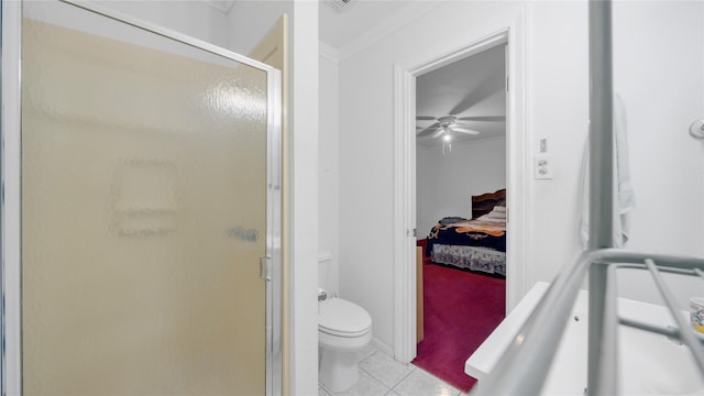 1314 Lawrence Ave, Pasadena, TX 77506 - ensuite bathroom with a stall shower, a ceiling fan, crown molding, and tile patterned floors