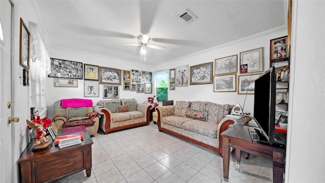 1314 Lawrence Ave, Pasadena, TX 77506 - living room with ceiling fan, crown molding, and light tile patterned floors