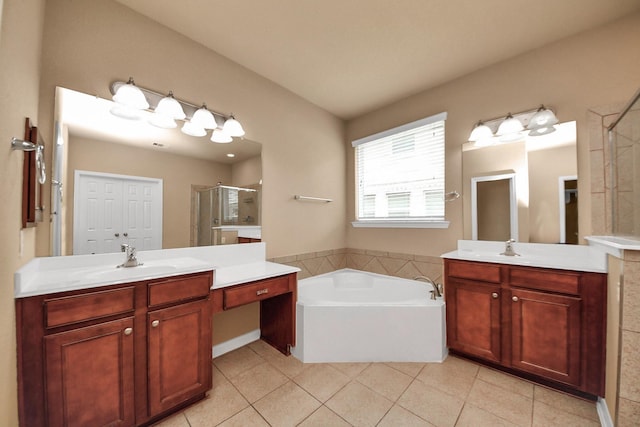 30041 Willow Walk Ln, Brookshire, TX 77423 - full bath with a stall shower, tile patterned floors, a garden tub, and two vanities