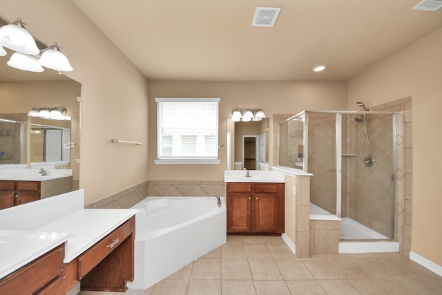 30041 Willow Walk Ln, Brookshire, TX 77423 - bathroom with tile patterned flooring, a bath, a shower stall, two vanities, and recessed lighting