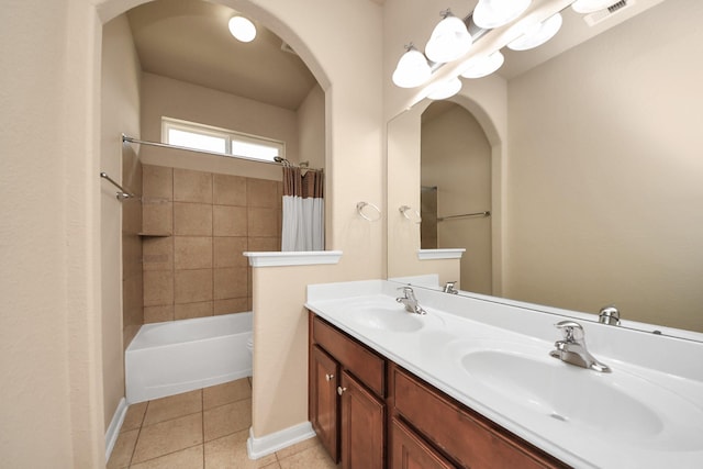 30041 Willow Walk Ln, Brookshire, TX 77423 - bathroom featuring double vanity, tile patterned flooring, and shower / tub combo