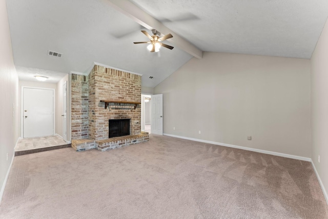 3527 Acorn Way Ln, Spring, TX 77389 - unfurnished living room with ceiling fan, carpet floors, and a fireplace