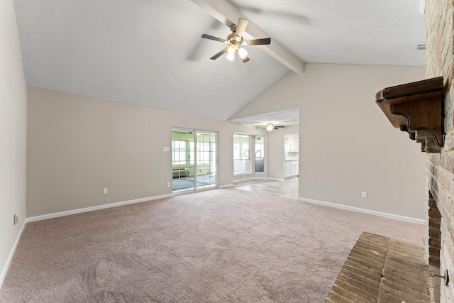 3527 Acorn Way Ln, Spring, TX 77389 - unfurnished living room featuring beam ceiling, a ceiling fan, carpet floors, and high vaulted ceiling