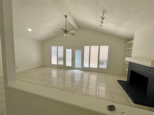 4202 Boone Rd, Houston, TX 77072 - unfurnished living room featuring a textured ceiling, ceiling fan, a brick fireplace, and light tile patterned flooring