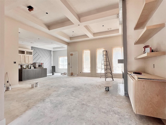 1162 Rd 6604, Dayton, TX 77535 - unfurnished living room featuring coffered ceiling, beam ceiling, and carpet flooring