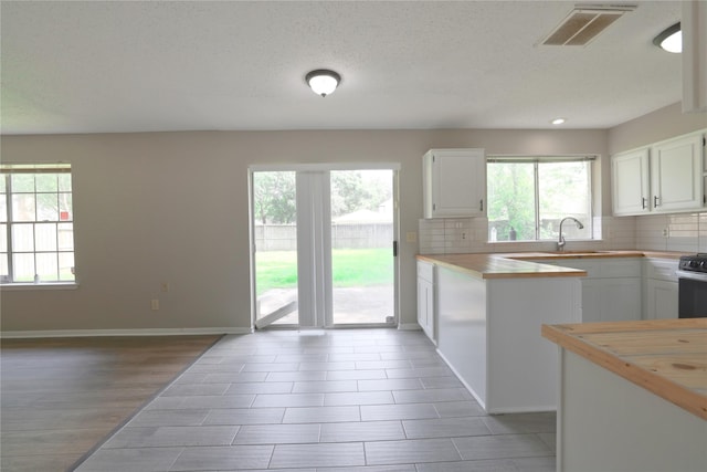 15918 Pinyon Creek Dr, Houston, TX 77095 - kitchen with wood counters, healthy amount of natural light, stainless steel range, decorative backsplash, and a textured ceiling