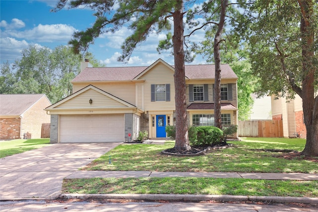 15918 Pinyon Creek Dr, Houston, TX 77095 - traditional-style home with an attached garage, concrete driveway, a chimney, and brick siding