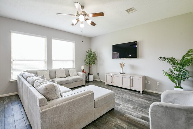 10219 Kentington Oak Dr, Humble, TX 77396 - living room with ceiling fan and dark wood-style floors