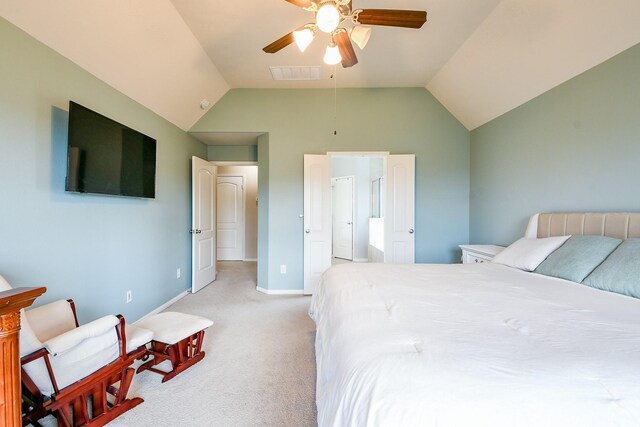 10219 Kentington Oak Dr, Humble, TX 77396 - bedroom with light colored carpet, lofted ceiling, and a ceiling fan