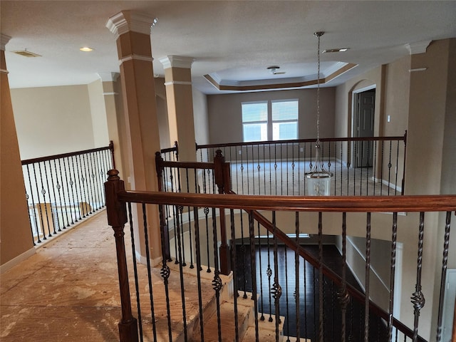 9510 Gentry Shadows Ln, Humble, TX 77396 - hall featuring a raised ceiling, an upstairs landing, recessed lighting, and ornamental molding