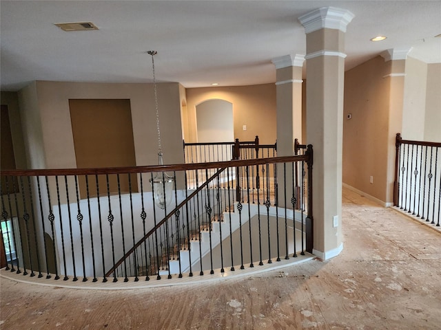 9510 Gentry Shadows Ln, Humble, TX 77396 - corridor featuring an upstairs landing, recessed lighting, and ornate columns