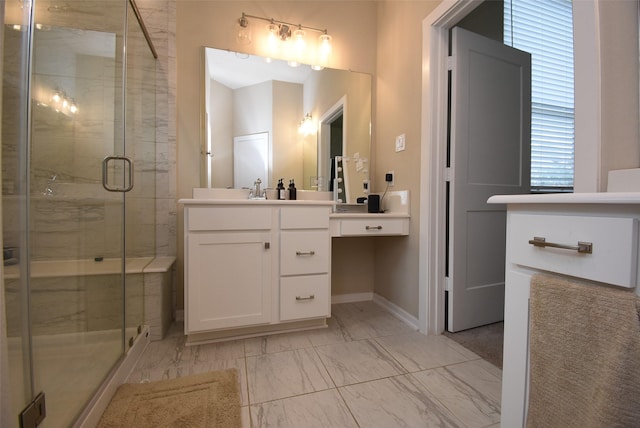 7011 Golden Groundsel Dr, Katy, TX 77493 - bathroom featuring vanity, marble finish floors, and a stall shower