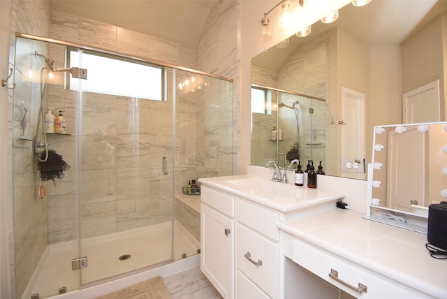 7011 Golden Groundsel Dr, Katy, TX 77493 - bathroom with vanity, a stall shower, and marble finish flooring