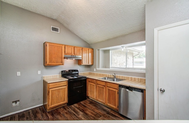 906 Dixie Dr, League City, TX 77573 - kitchen featuring stainless steel dishwasher, black electric range, under cabinet range hood, dark wood-style floors, and lofted ceiling