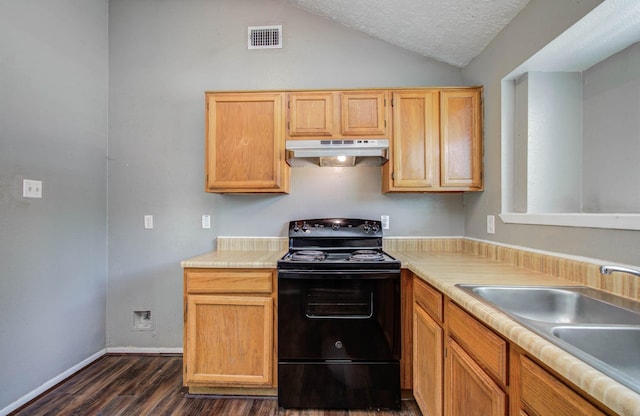 906 Dixie Dr, League City, TX 77573 - kitchen featuring electric range, under cabinet range hood, dark wood finished floors, lofted ceiling, and light countertops