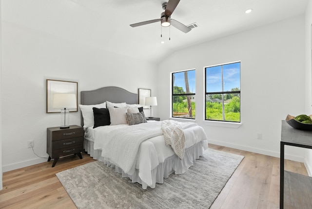 1311 E 35th St, Houston, TX 77022 - bedroom with vaulted ceiling, light wood finished floors, recessed lighting, and ceiling fan