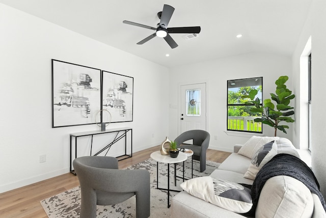 1311 E 35th St, Houston, TX 77022 - living area featuring light wood-type flooring, ceiling fan, recessed lighting, and vaulted ceiling