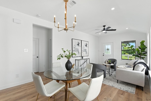 1311 E 35th St, Houston, TX 77022 - dining area featuring a chandelier, recessed lighting, light wood-style flooring, ceiling fan, and lofted ceiling