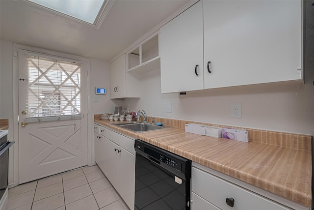 12633 Memorial Dr Unit 250, Houston, TX 77024 - kitchen featuring black dishwasher, open shelves, white cabinets, light tile patterned floors, and light countertops