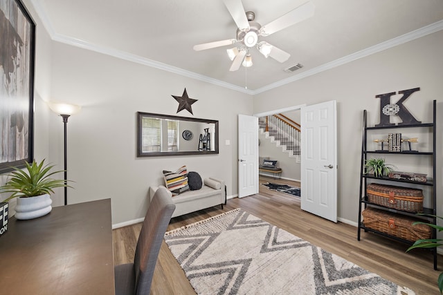 15026 Grape Orchard Ct, Cypress, TX 77433 - office area featuring wood finished floors, crown molding, and ceiling fan
