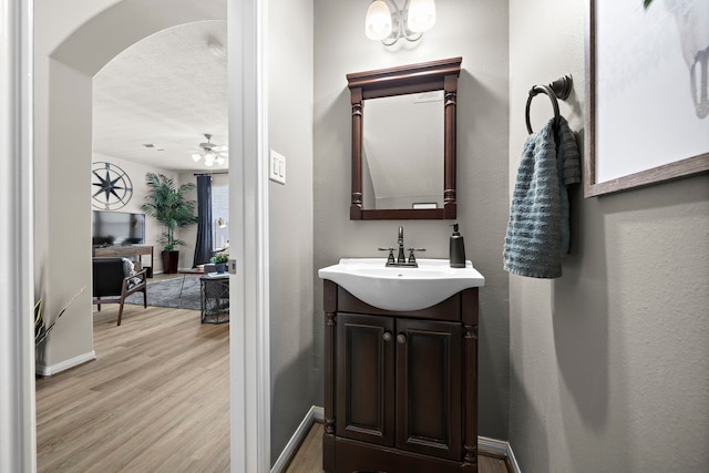 15026 Grape Orchard Ct, Cypress, TX 77433 - bathroom featuring wood finished floors, vanity, and ceiling fan