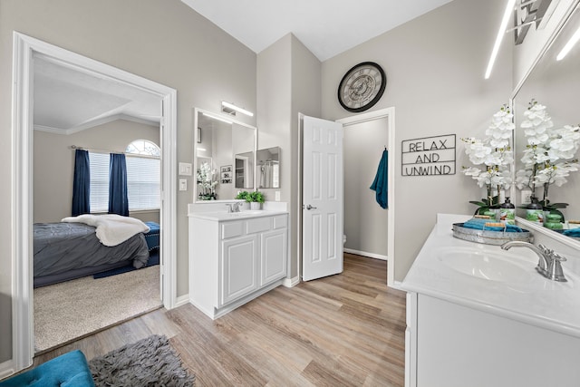 15026 Grape Orchard Ct, Cypress, TX 77433 - bathroom featuring vaulted ceiling, two vanities, wood finished floors, and ensuite bathroom