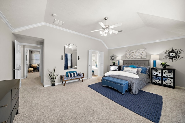15026 Grape Orchard Ct, Cypress, TX 77433 - bedroom featuring lofted ceiling, light carpet, crown molding, and a ceiling fan