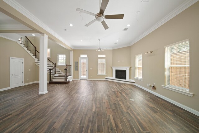 1148 Du Barry Ln, Houston, TX 77018 - unfurnished living room featuring a ceiling fan, stairs, electric panel, dark wood-style flooring, and recessed lighting