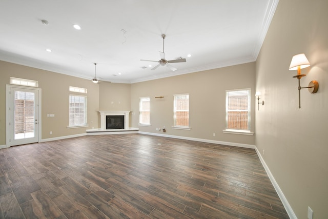 1148 Du Barry Ln, Houston, TX 77018 - unfurnished living room with a ceiling fan, crown molding, recessed lighting, dark wood-style flooring, and a glass covered fireplace