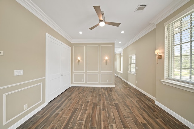 1148 Du Barry Ln, Houston, TX 77018 - unfurnished bedroom with dark wood-style flooring, ornamental molding, recessed lighting, and a ceiling fan