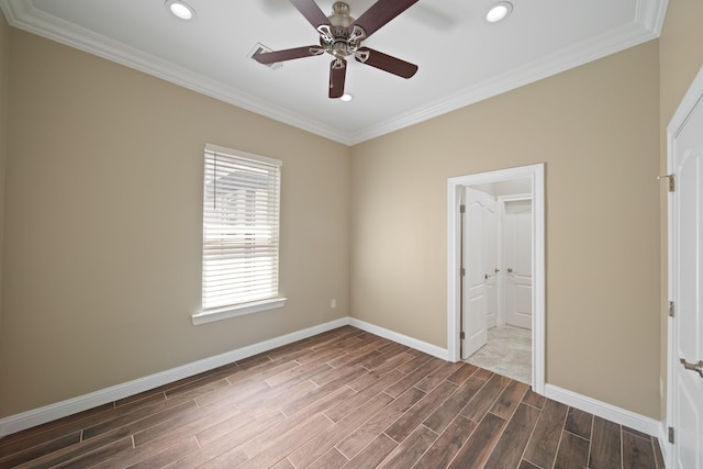 1148 Du Barry Ln, Houston, TX 77018 - unfurnished bedroom with dark wood-style flooring, recessed lighting, ornamental molding, connected bathroom, and ceiling fan