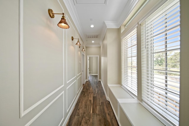 1148 Du Barry Ln, Houston, TX 77018 - hallway with dark wood finished floors, ornamental molding, and recessed lighting