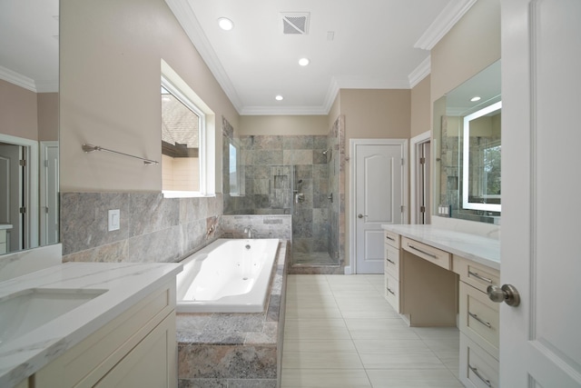 1148 Du Barry Ln, Houston, TX 77018 - full bath featuring a stall shower, a tub with jets, two vanities, ornamental molding, and recessed lighting