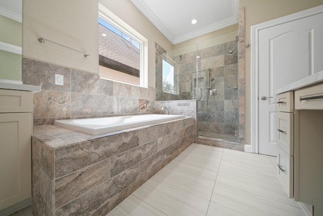 1148 Du Barry Ln, Houston, TX 77018 - bathroom with a bath, a stall shower, crown molding, and tile patterned flooring
