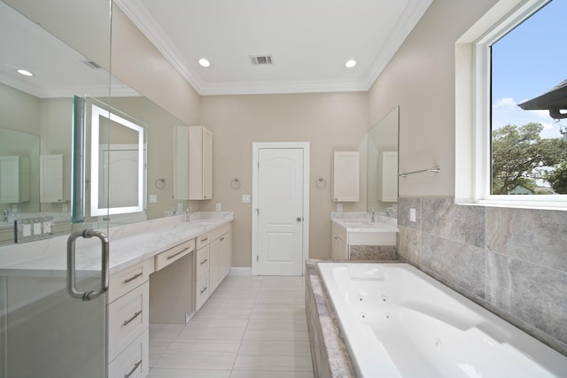 1148 Du Barry Ln, Houston, TX 77018 - bathroom featuring crown molding, double vanity, a whirlpool tub, tile patterned flooring, and recessed lighting