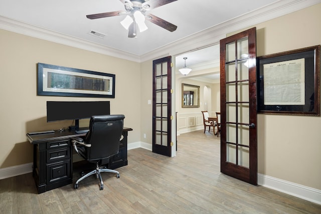 10522 Ginger Gln, Missouri City, TX 77459 - office space featuring french doors, a ceiling fan, wood finished floors, and crown molding