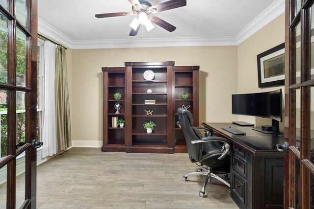 10522 Ginger Gln, Missouri City, TX 77459 - office space with plenty of natural light, ceiling fan, crown molding, light wood-style floors, and french doors