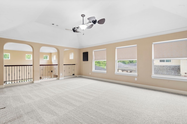 10522 Ginger Gln, Missouri City, TX 77459 - unfurnished room with vaulted ceiling, a ceiling fan, light colored carpet, healthy amount of natural light, and ornamental molding