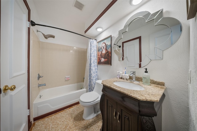 10135 Wayward Wind Ln, Houston, TX 77064 - bathroom with vanity, shower / bath combo with shower curtain, and a textured wall
