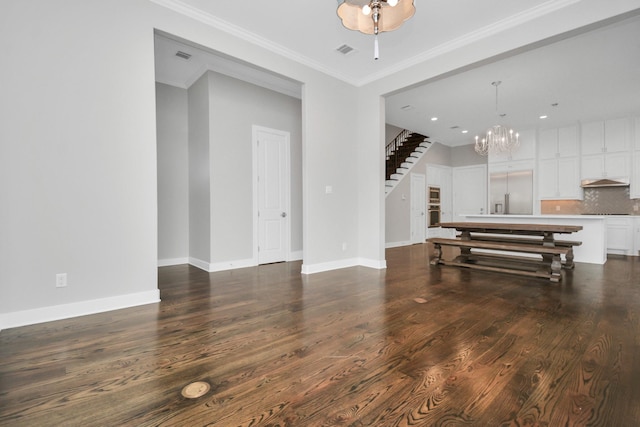 206 Green Blvd, Shenandoah, TX 77384 - living area featuring a chandelier, stairs, wood finished floors, crown molding, and recessed lighting