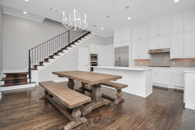 206 Green Blvd, Shenandoah, TX 77384 - dining area featuring stairway, dark wood-style floors, recessed lighting, and a chandelier