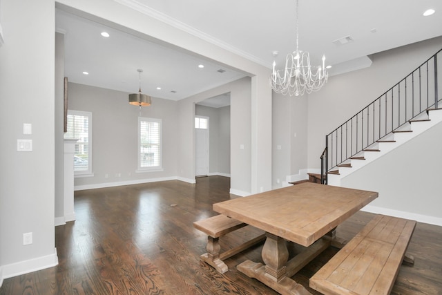 206 Green Blvd, Shenandoah, TX 77384 - dining area with stairs, recessed lighting, a chandelier, wood finished floors, and ornamental molding