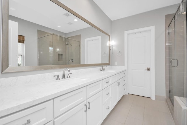 206 Green Blvd, Shenandoah, TX 77384 - full bathroom with a shower stall, double vanity, tile patterned floors, and recessed lighting